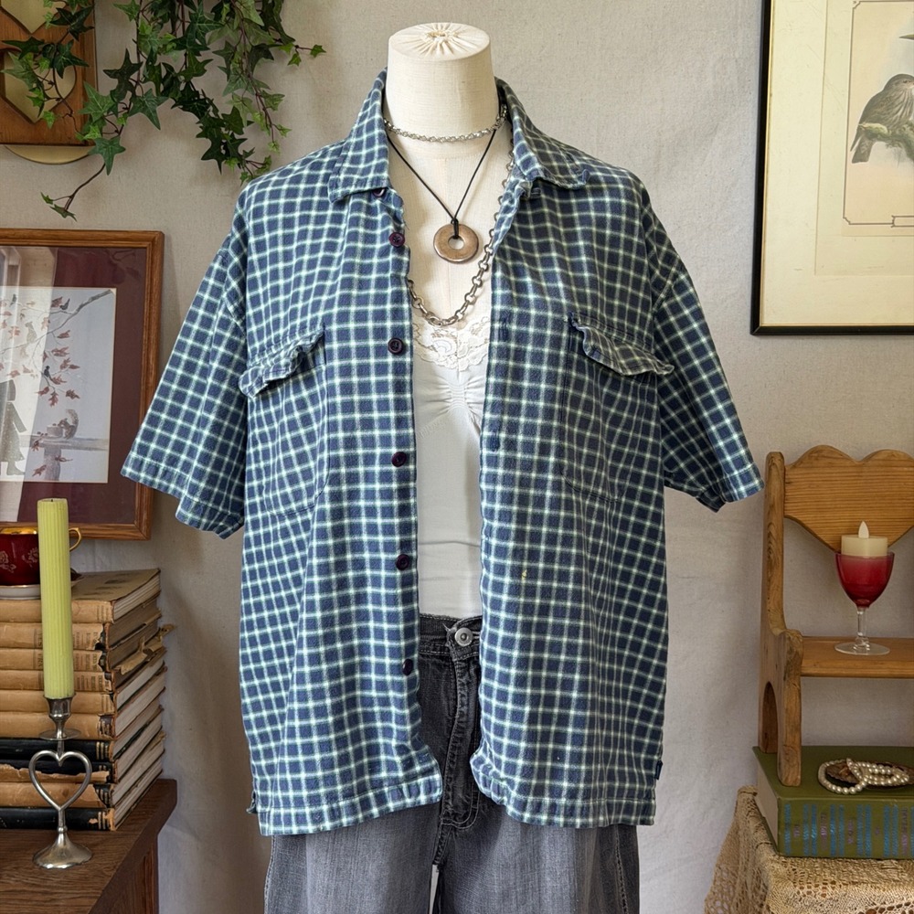 Blue Plaid Oversized Short Sleeve Button Down Shirt Surf Skate 90s Vintage M